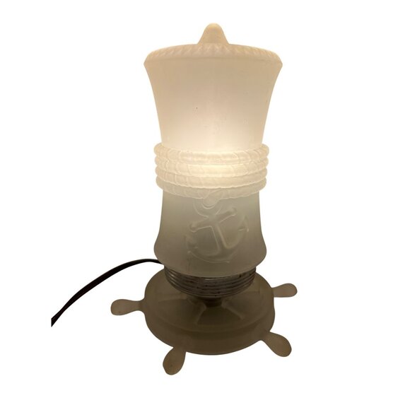 Unbranded Other - Vintage Frosted Glass Nautical Anchor Lamp Ship Wheel Base Table Light 9"
